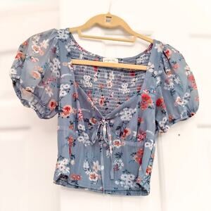 NEW Juniper Blu Blue Floral Smocked Puff Sleeve Tie Front Women's Size S
